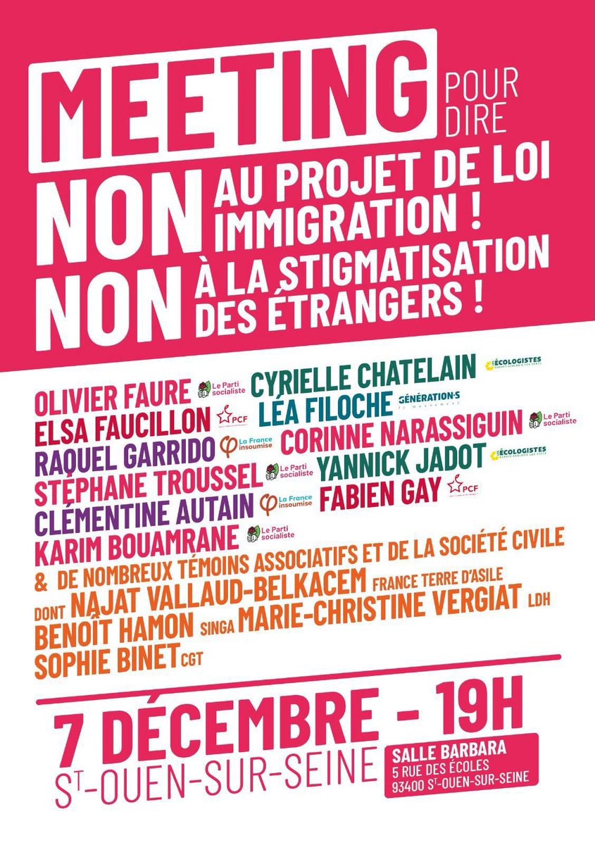Grand meeting contre la loi immigration le 7 décembre en salle Barbara à Saint-Ouen-sur-Seine : on vous attend nombreuses et nombreux ! 🌹