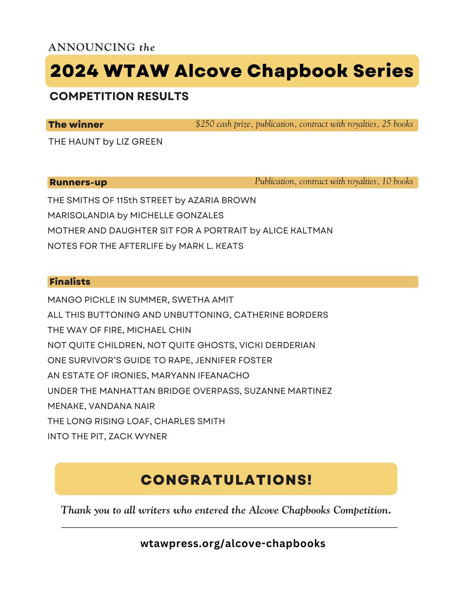 Congratulations to Liz Green, winner of our 2024 Alcove Chapbook Series for her lyric essay, THE HAUNT, Runners-up Azaria Brown, Michelle Cruz Gonzales, @AliceKaltman, Mark L. Keats, and our 2024 Alcove Finalists! More at wtawpress.org/alcove-chapboo… #writingcommunity @i_am_shoshanna