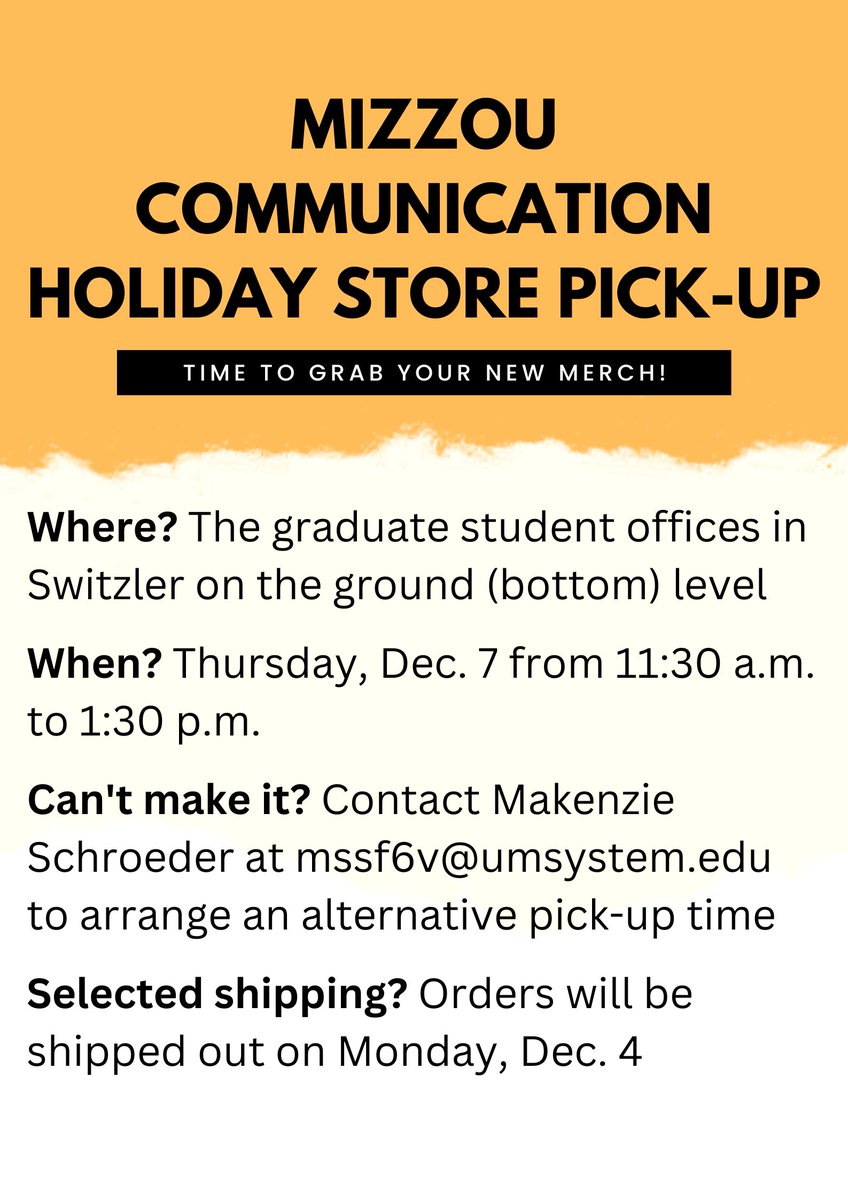 Did you purchase something from our #MizzouComm holiday shop &amp; elect for pick-up? If so, items can be picked up on Thurs 12/7 b/w 11:30am &amp; 1:30pm on the ground floor of Switzler Hall. If you cannot make that time, coordinate with <a href="/MakSchroeder/">Makenzie Schroeder</a> for an alternative pick-up time.