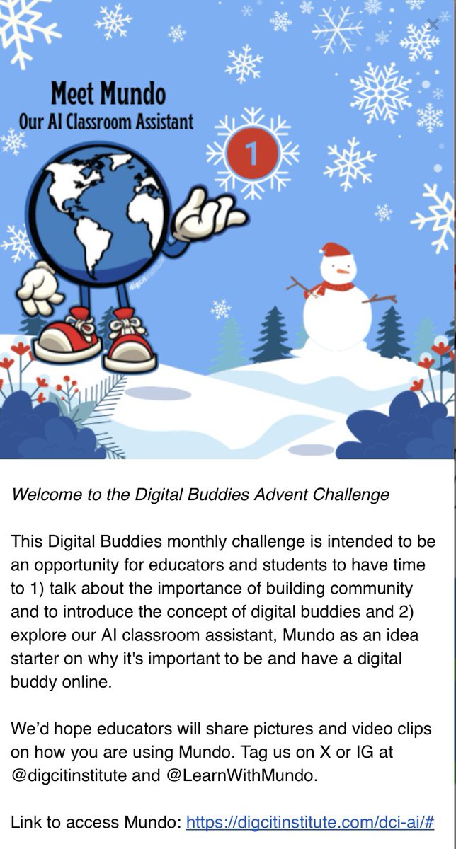 Join us all month for our Digital Buddies #LearnWithMundo #AI Advent Challenges: calendar.myadvent.net/?id=1xqrs07k4v…

Follow along on IG too: 
instagram.com/reel/C0Ue_GZRT… #DigCitAI #GenerativeAI #DigCitIMPACT #UseTech4Good