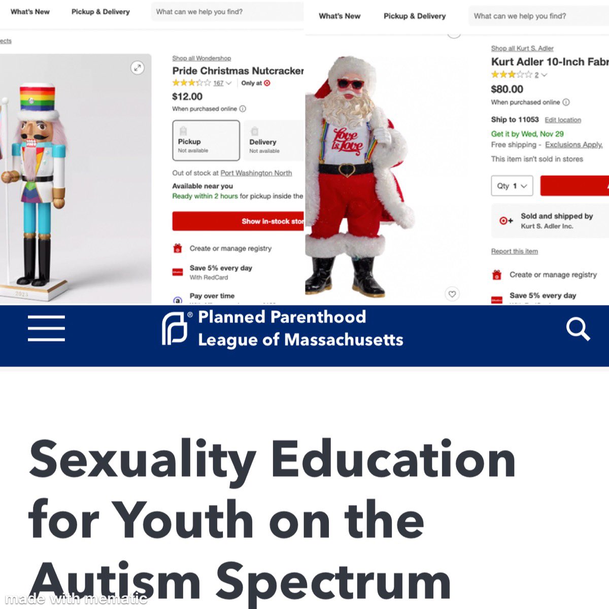 Confusedworldp1's tweet photo. Target’s pride Christmas and Planned Parenthood giving hormone blockers out now. Check it out.🙂 https://t.co/C3uIDsQbvK