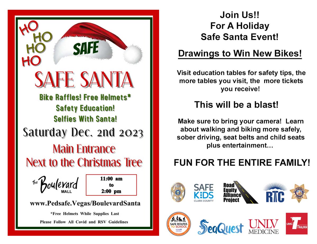 Join us tomorrow at the Boulevard Mall for our annual SAFE SANTA event! Win bikes and other great prizes! Free bike helmets and selfies with Santa.
@safekids @RTCSNV @CCSD_SRTS @ccsdpd @UNLVTSafety @UMCSN