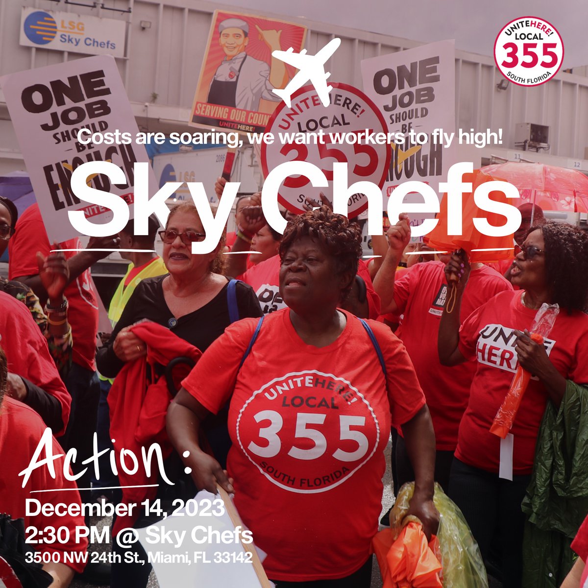 📢Costs are soaring, we want workers to fly high! 

Join airline catering workers at Sky Chefs on Thursday, December 14th at 2:30pm.

🎨Graphic by Nikki Perez

#1u