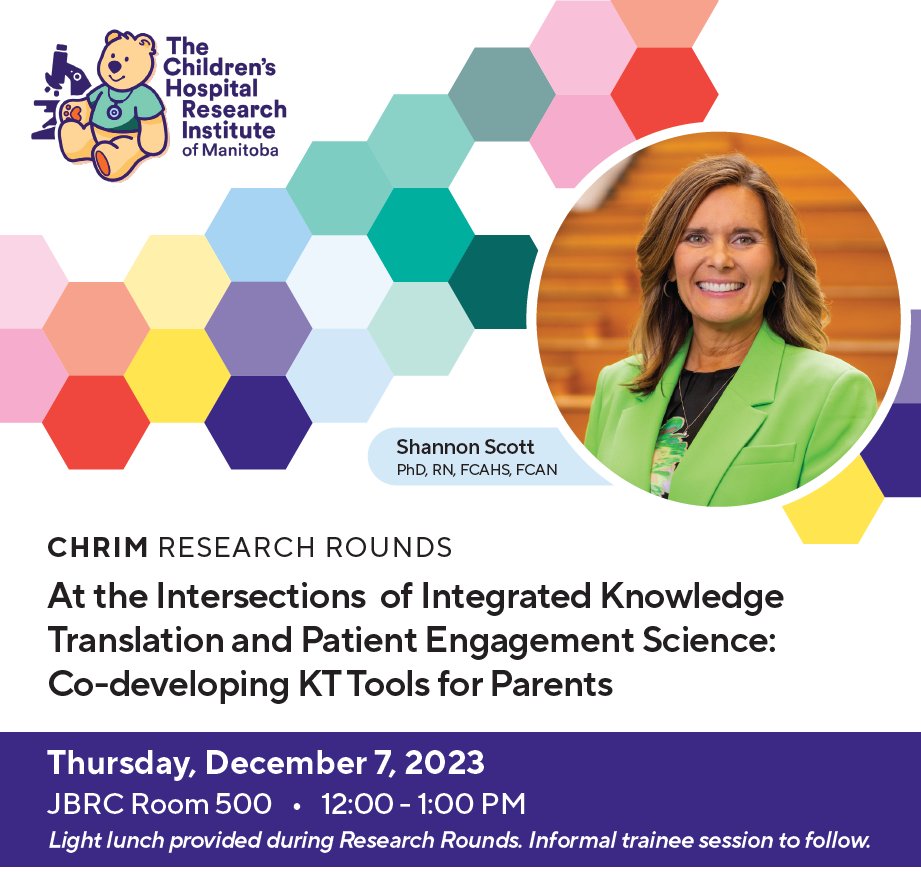 CHRIManitoba's tweet photo. Join us on Thursday, December 7th for CHRIM #ResearchRounds! Dr. Shannon Scott will present "At the Intersections  of Integrated Knowledge Translation and Patient Engagement Science: Co-developing KT Tools for Parents"

Learn more: https://t.co/I4OrC5Nzzu https://t.co/XakhDerH5U
