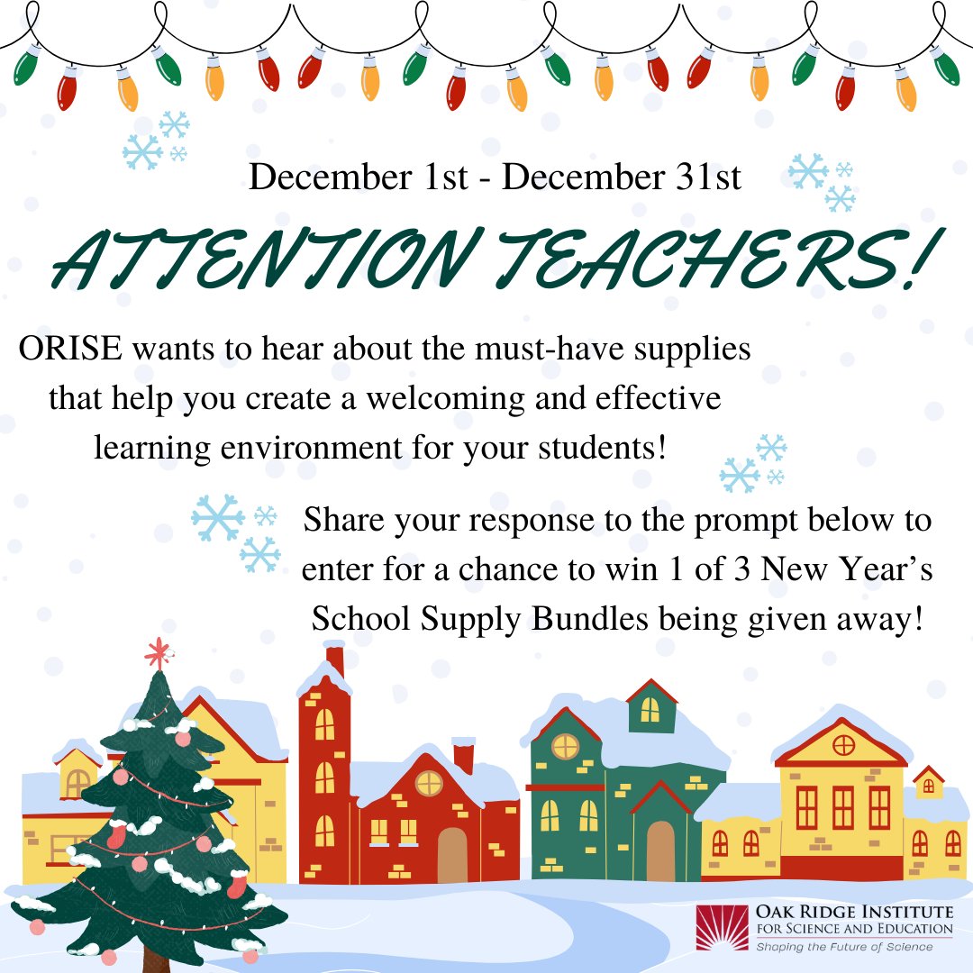#TEACHERS: We want to see your class wish list! To enter the contest, follow ORISE on social media, fill out a survey, and comment a list of supplies and how they help you in your classroom!
Survey: bit.ly/3uGEzMs
Learn more: bit.ly/3eUobez
#ShapingScience