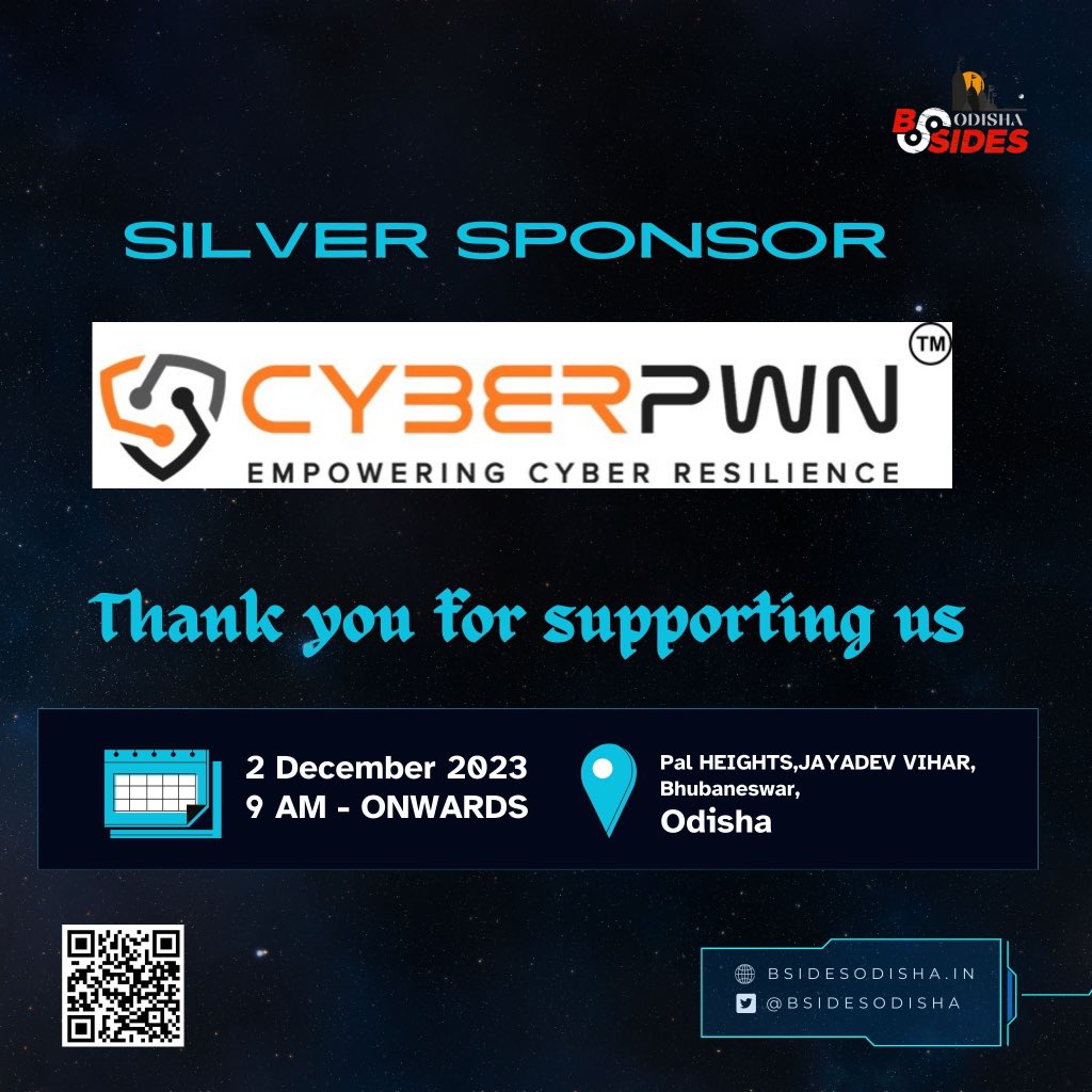 🌟 **Exciting Sponsor Announcement!** 🌟

We're thrilled to welcome cyberpwn as a Silver Sponsor for BSides Odisha 2023! 🚀💻

cyberpwn.com

👏 **A Big Thank You to CyberPwn:**
Their support is instrumental in making BSides Odisha an incredible experience for our
