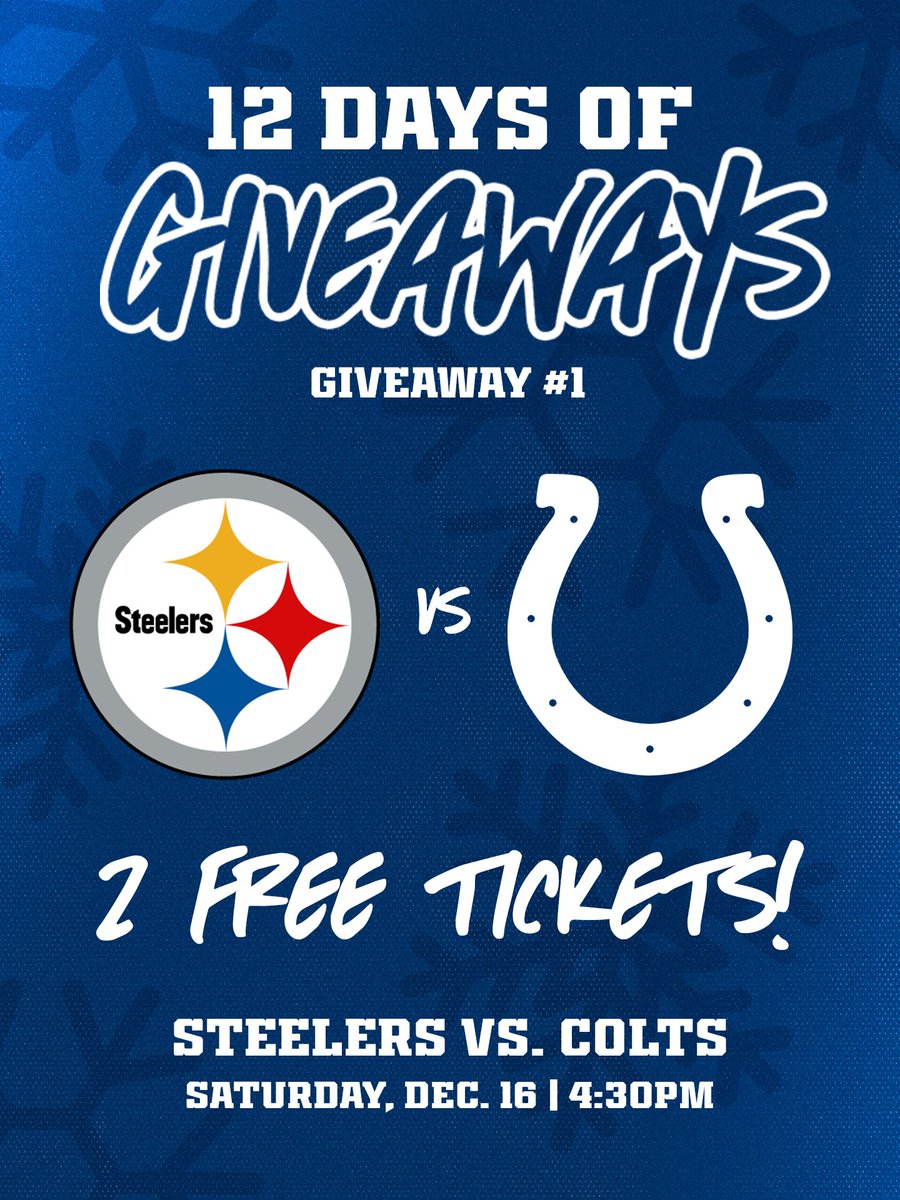 To kickoff our 12 Days of Giveaways, we have 2️⃣ game tickets to the newly announced Colts vs. Steelers game on Saturday, December 16. 🔁 Retweet for your chance to win, good luck!