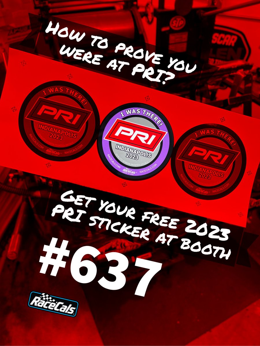 RaceCals's tweet photo. How to prove you were at PRI? Get your free 2023 PRI sticker at booth #637. 

For those of you that don't know, @prishow is THE place to be for anyone interested in motorsports. 

Come see us this December 7-9th at the Indiana Convention Center. https://t.co/x8RpkWa0ov