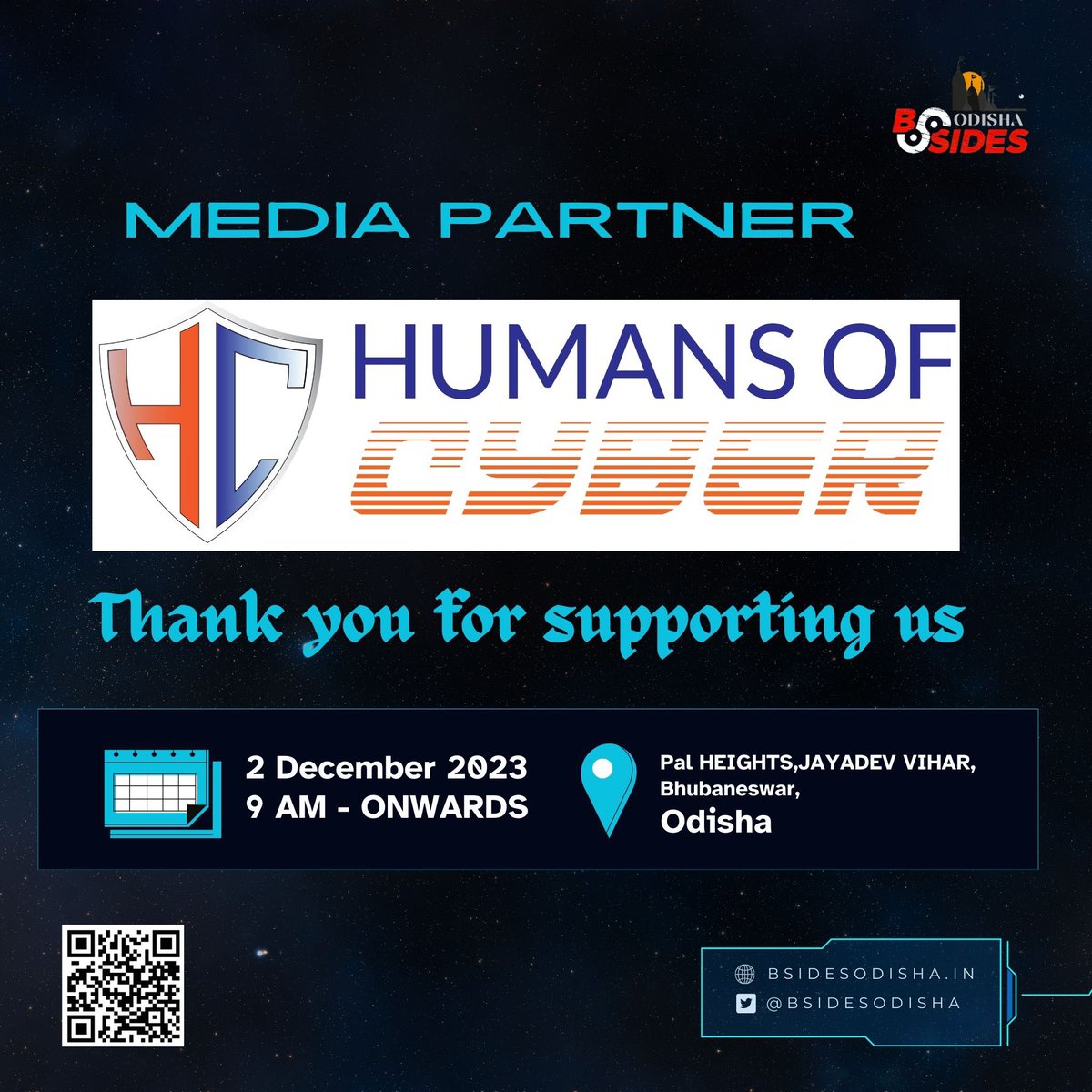 🌐 Exciting Announcement! 🌐

Thrilled to introduce Humans of Cyber as our esteemed Network Partner for BSides Odisha Event 2023! 🤝✨

Welcome aboard, Humans of Cyber! Together, let's make BSides Odisha 2023 an unforgettable cybersecurity experience! 🚀🔐 #BSidesOdisha