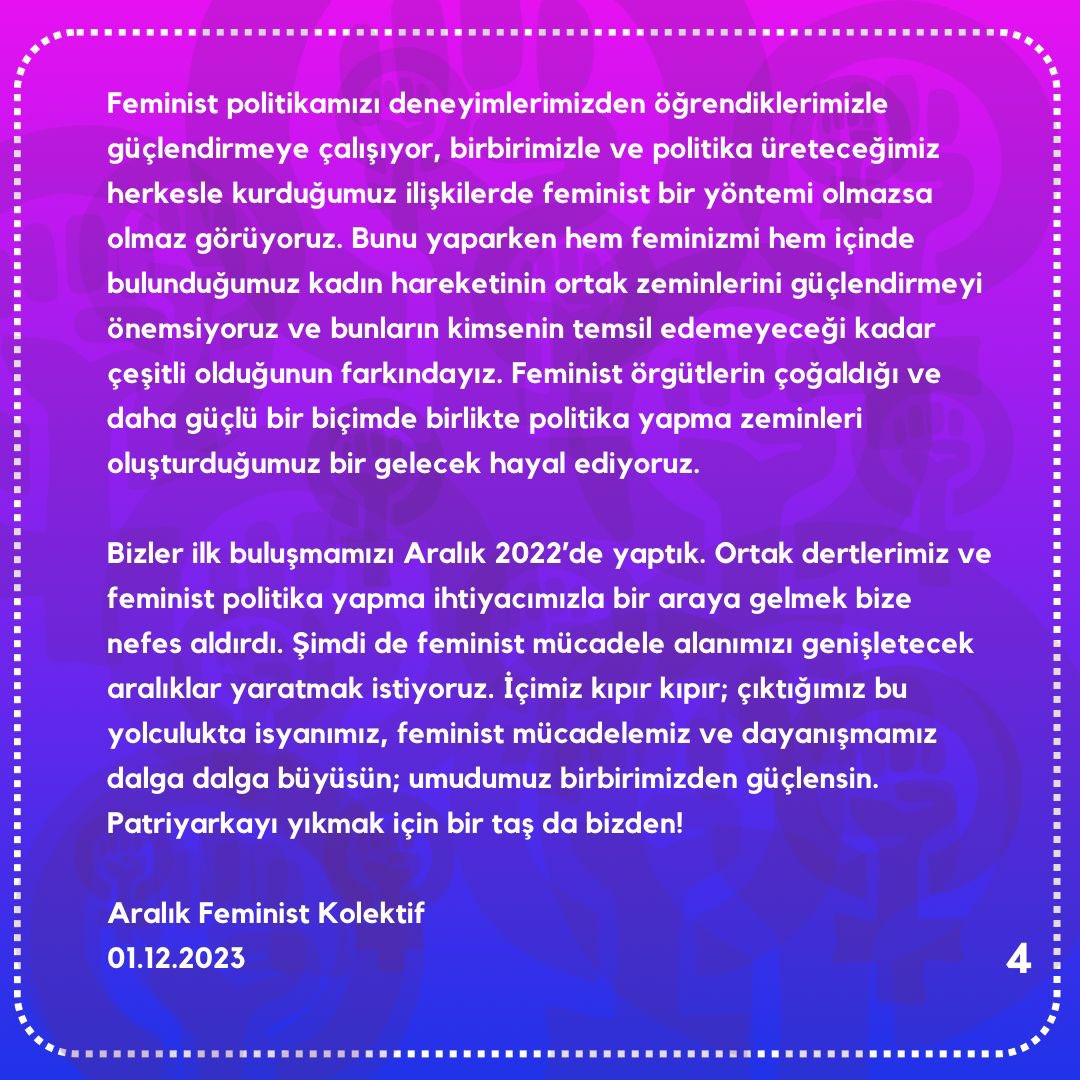 Aralık Feminist Kolektif olarak yola çıkıyoruz, çıkış metnimizi sizinle paylaşmak istedik 💜🚀