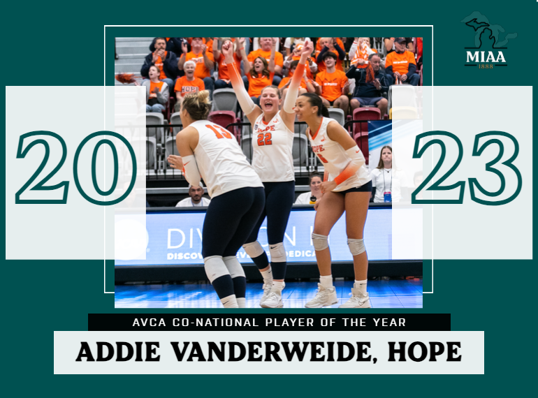 MIAA1888's tweet photo. Addie VanderWeide of @HopeAthletics has been announced as the 2023 @AVCAVolleyball Division III Co-National Player of the Year! ๐
Read the Hope Athletics release at https://t.co/lixwAoB8Nu.
#D3MIAA #MIAAvb #GreatSince1888 https://t.co/vaGosqPe46