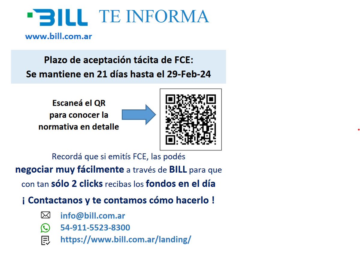 BILL_com_ar's tweet photo. Se extiende por 3 meses el plazo de aceptación tácita de las FCE.
A partir de la aceptación, las PYMES pueden negociarlas para obtener los fondos ese mismo día.
#PYME #FCEM #factoring #digital #fintech #BILGroup #SomosBILL https://t.co/qT8SZut0TJ