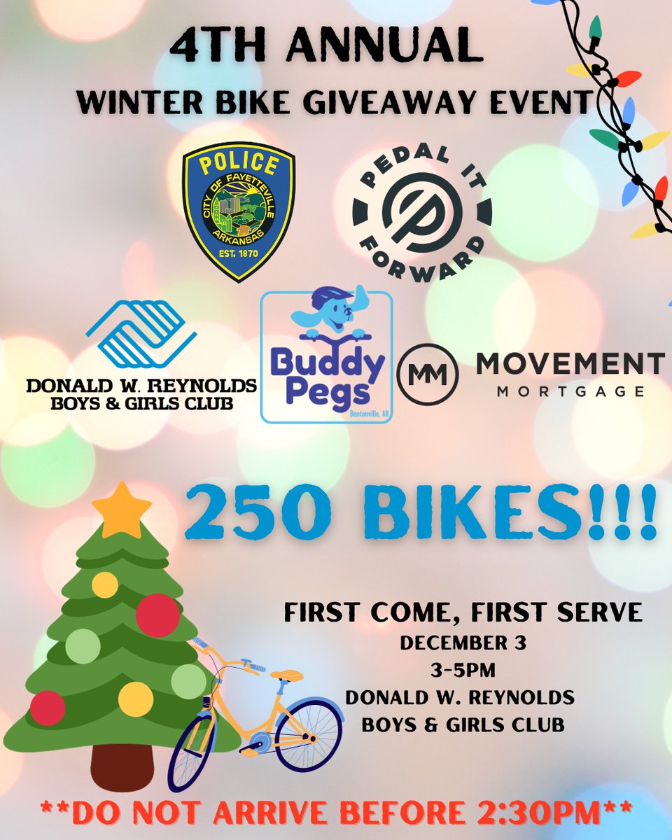 WINTER BIKE GIVEAWAY EVENT THIS SUNDAY! We can't wait to give away 250 bikes to kids in our community! The event is a partnership between the Fayetteville Police Department, Pedal it Forward, the Donald W. Reynolds Boys and Girls Club, and Buddy Pegs. See you this Sunday at 3PM!