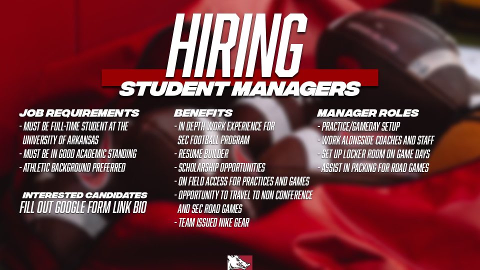 RazorbackEquip's tweet photo. Looking to add some new student managers this spring! 

Apply at the link in our bio https://t.co/i3jVSjr4gi