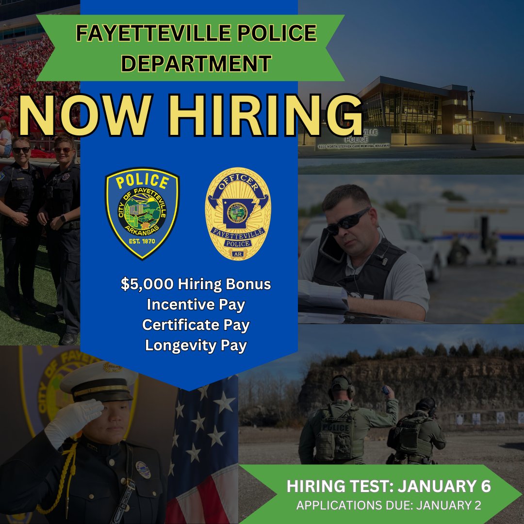 NEW TEST DATE: We are hiring for police officers! We offer a competitive salary, hiring bonus, incentive pay, certificate pay, and longevity pay.
If you want to start the new year with a new career, apply today! fayetteville-ar.gov/3577/Apply-for…