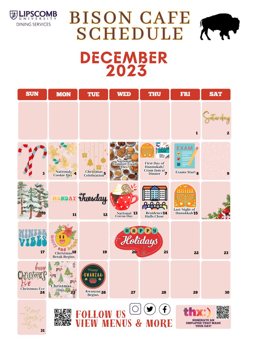 New month, new vibes! Only two weeks until winter break ❄️ Check out our December dining calendar for a lineup of exciting events and delicious gatherings happening over the next few weeks. Let the festive feasting begin! 🍽️✨ #decemberdining #countdowntowinterbreak