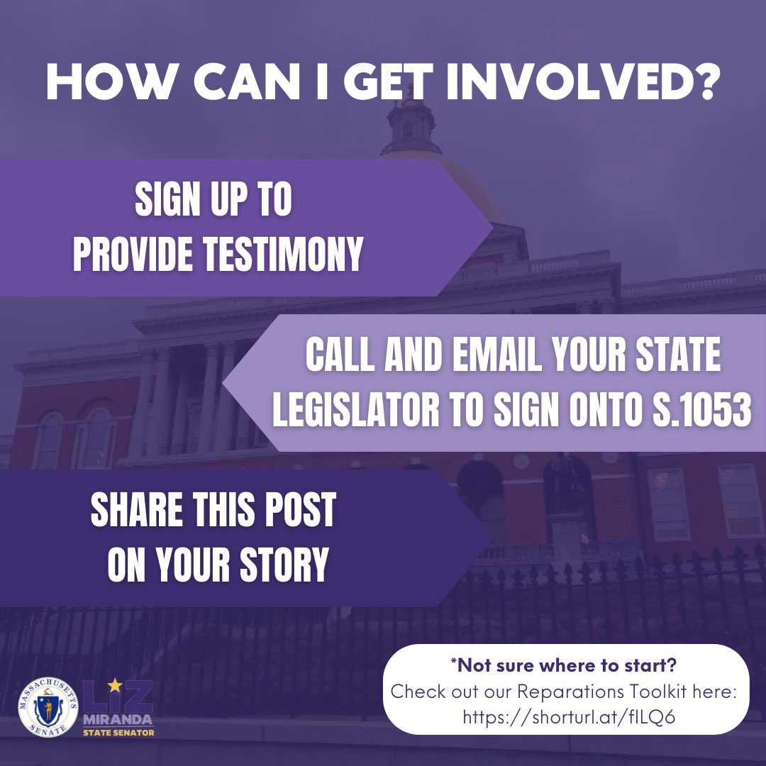 Hey Family, on Tuesday The Joint Committee on the Judiciary is hearing, S1053 An Act Establishing a Commission to Study Reparations in Massachusetts. Deadline to sign up is 5pm on 12.3 please help us in spreading the word around
#MaPoli #Reparations #2ndSuffolkStrongerTogether