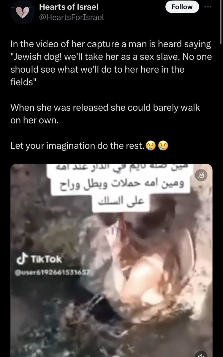 ShaykhSulaiman's tweet photo. FAKE ZIONIST PROPAGANDA EXPOSED: HAMAS WERE TRYING TO PROTECT HER

The words “sex slave” or “do to her” were not said.

Instead he said; 

“Here we caught this one & they left her here”

Referring to a group of Israelis who ran away.

“If any man approaches he’ll see what we’ll do to him. We are here (waiting) in the fields”.

They mean they want to protect the woman against men trying to take advantage of he