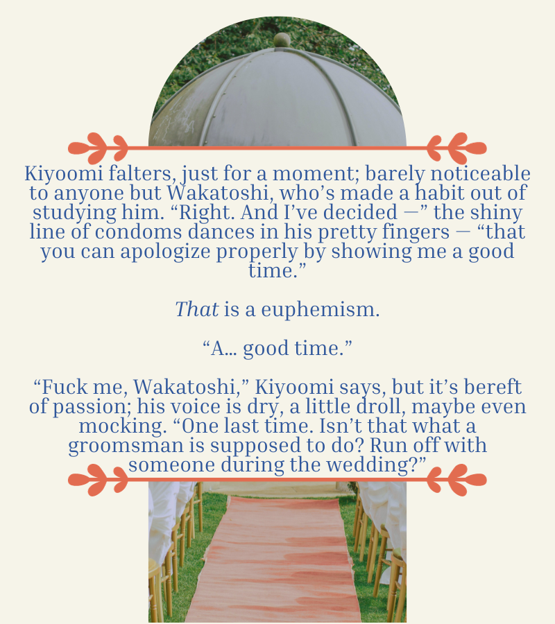 Best Man Duties

ushisaku | explicit 

When Wakatoshi accepts an invitation to be the Best Man at Tendou's wedding, he doesn't expect to run into his ex.

And he certainly doesn't expect to end the night fucking him in a coatroom.

based on art by Irene!