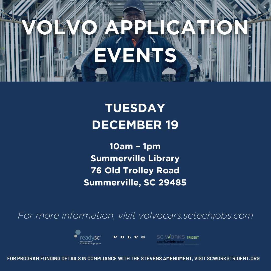 Interested in a career with @VolvoCarUSA? Job-seekers can meet with a recruiter and apply in-person for Team Member and Multi-Craft Maintenance Technician positions at our upcoming Community Application Events. For full qualifications and benefits, visit volvocars.sctechjobs.com.