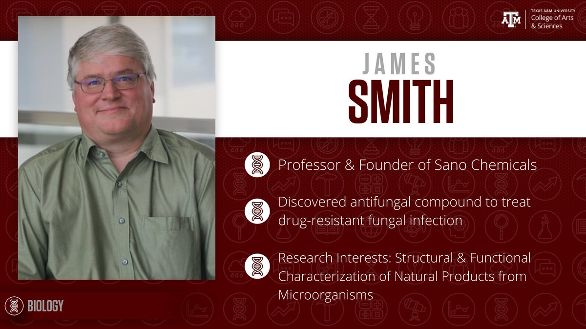 For today's #FridayFacultySpotlight, we'll highlight Dr. James Smith 💡 Dr. Smith is a Professor and Founder of Sano Chemicals!! 👨‍🔬 His research interests include Structural &amp; Functional Characterization of Natural Products from Microorganisms!! 🦠👍