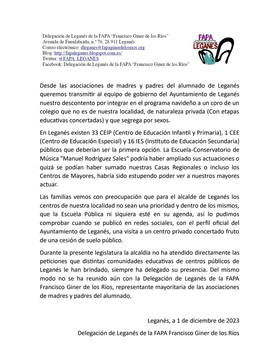 📣Comunicado Delegación de Leganés de la FAPA Francisco Giner de los Ríos.

Las AMPAS quieren transmitir al equipo de gobierno del <a href="/AytoLeganes/">Ayuntamiento de Leganés</a> su descontento por integrar en el programa navideño a un colegio que no es de Leganés.

En Leganés hay 33 CEIPS, 16 IES, 1 CEE públicos.