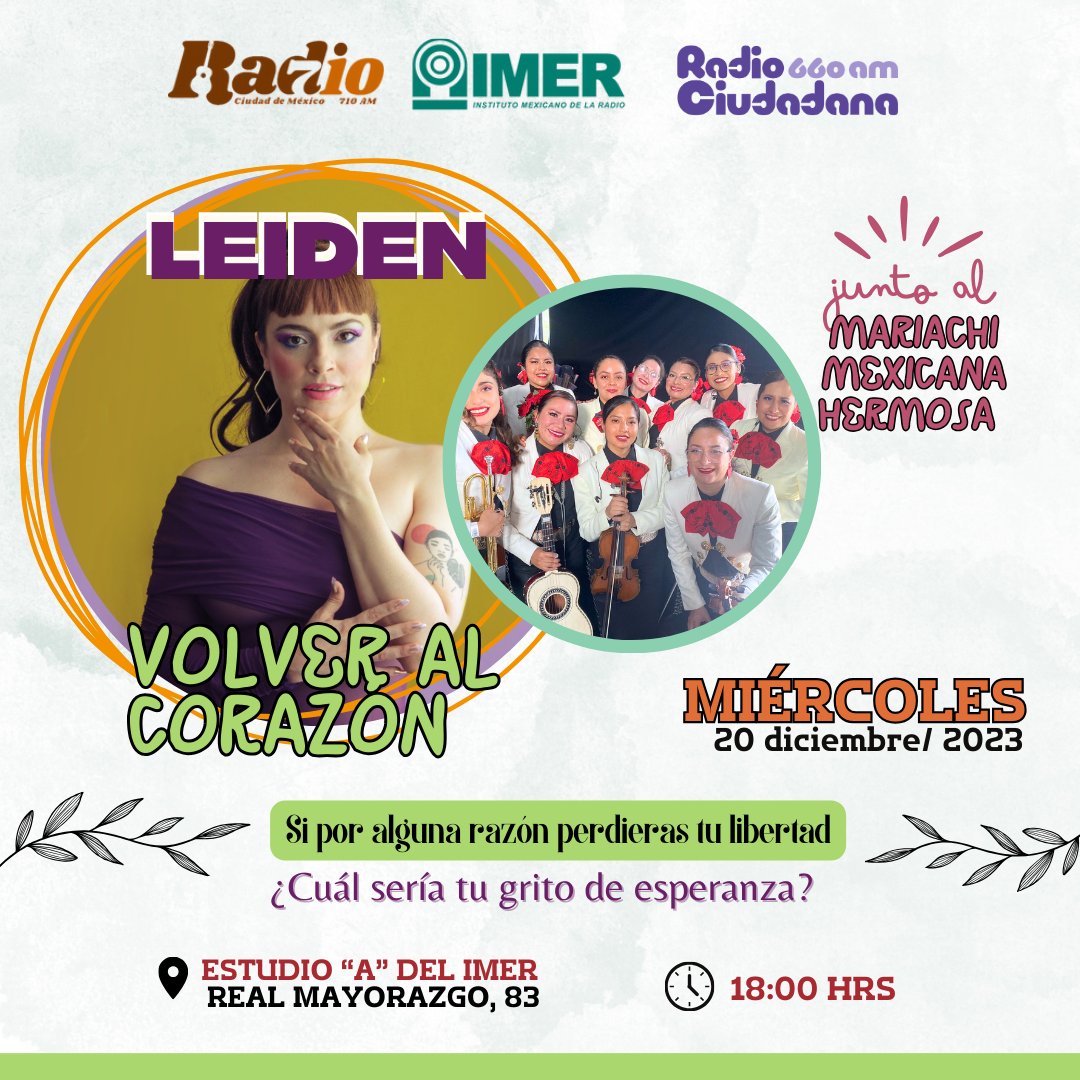 radio710am's tweet photo. #VolverAlCorazón es un proyecto de @laLeiden  que nos ofrecerá canciones de #esperanza y #fe contándonos historias de mujeres que fueron privadas de su libertad.
Escúchalas en vivo este #20DeDiciembre junto al Mariachi #MexicanaHermosa  en el estudio A del @imerhoy https://t.co/JHG2lIDOOH