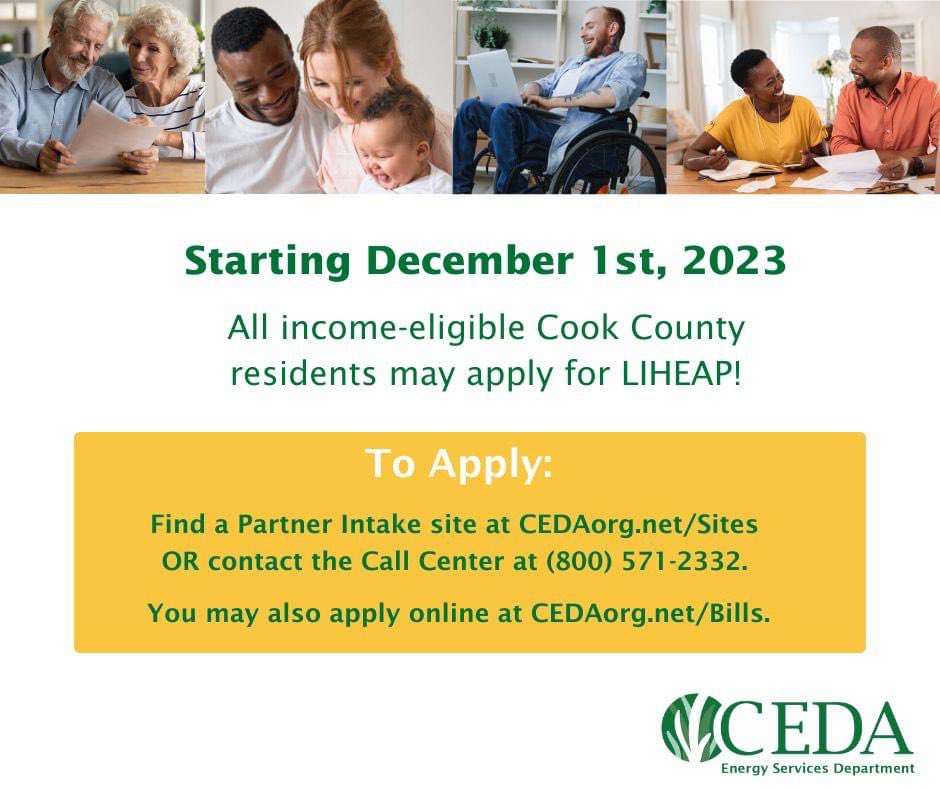 FriendsofCyrilN's tweet image. CEDA is providing assistance to Cook County residents who need rental assistance. If that's you, be sure to apply for LIHEAP starting Dec. 1st!