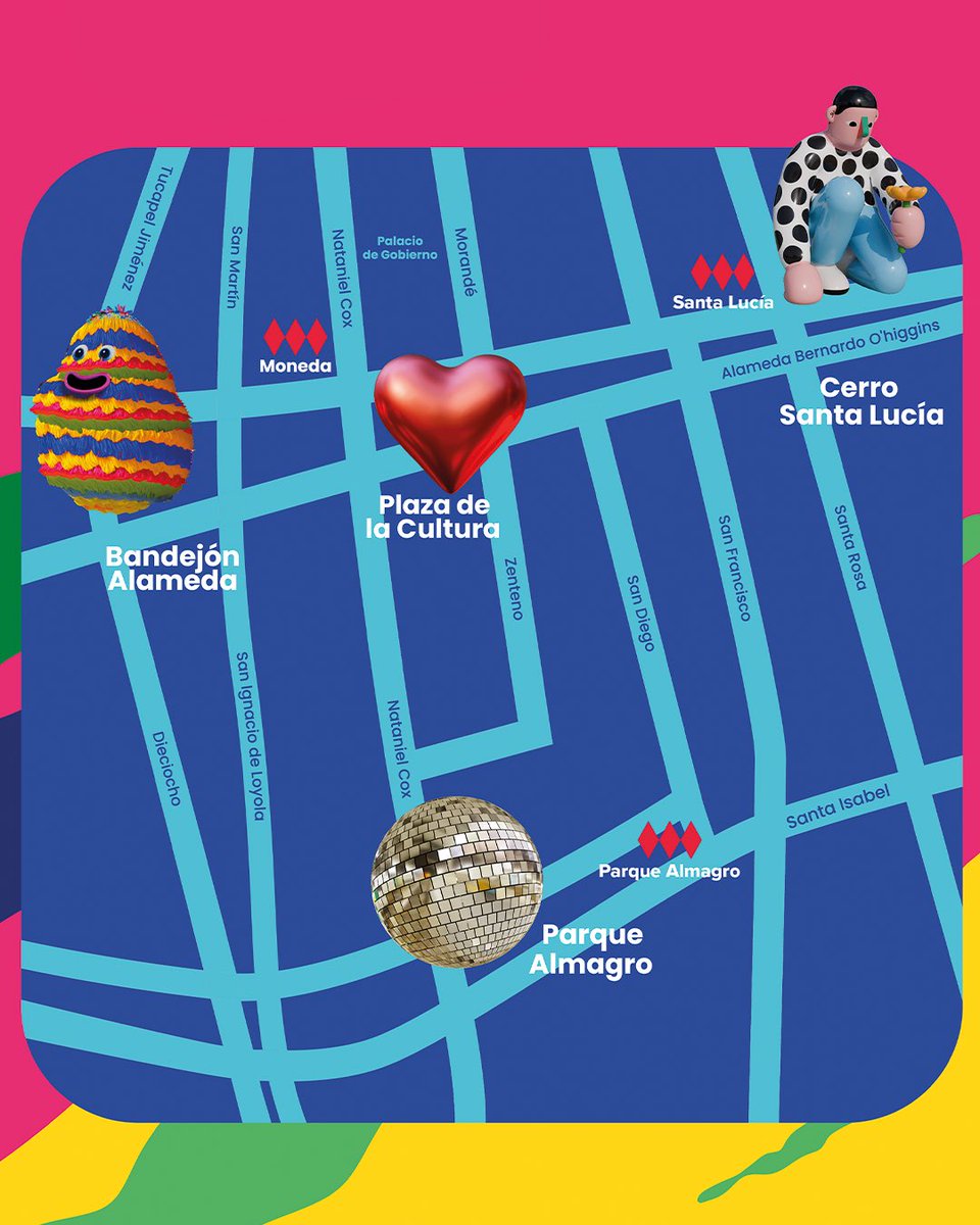 La décima versión del #HechoEnCasaFest lo celebramos con toda la alegría 😊 este 2023 y acá les dejamos lo que muchos estaban esperando. La ruta donde estarán ubicadas las obras del festival. 🪩❤️🪅🧎‍♂️¡No te pierdas ninguna de ellas! 

Invitan <a href="/Gob_Santiago/">Gobierno de Santiago</a> y <a href="/Orrego/">Claudio Orrego L.</a>