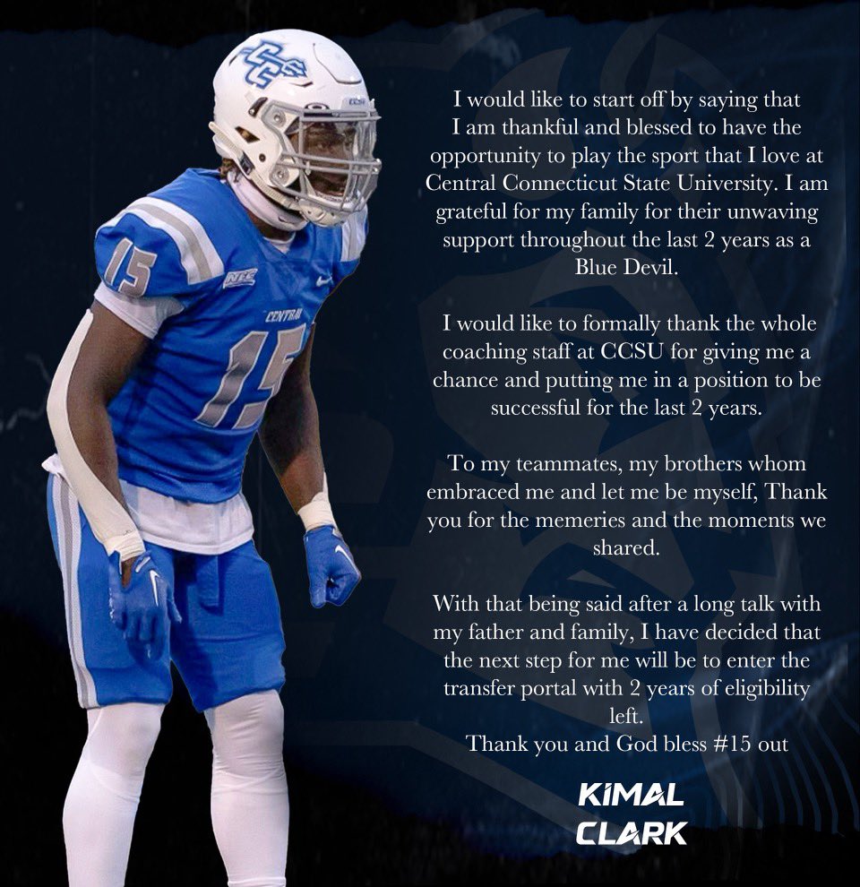 XKimal's tweet photo. •2x Defensive Prime Performer
•2023 NEC 1st Team Defense
•2023 All New England 
Stats: 89TOT 53solo 3ints 1FF
December 4th I will be entering the transfer portal.. Forever grateful Central!! https://t.co/2e0WmdtM4p