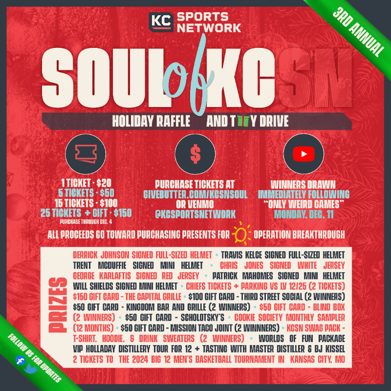 KCSportsNetwork's tweet photo. 🚨LAST DAY TO ENTER🚨
Be sure to enter the #SoulOfKC raffle and toy drive by midnight tonight for a chance to win some of the awesome prizes listed below!