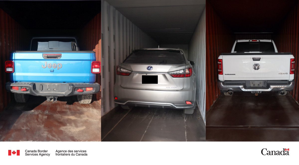 CBSA officers, together with GTA Region Intelligence, intercepted 8 containers destined for export and recovered 16 confirmed stolen vehicles inside.

#BorderSecurity 
#ProtectingCanadians