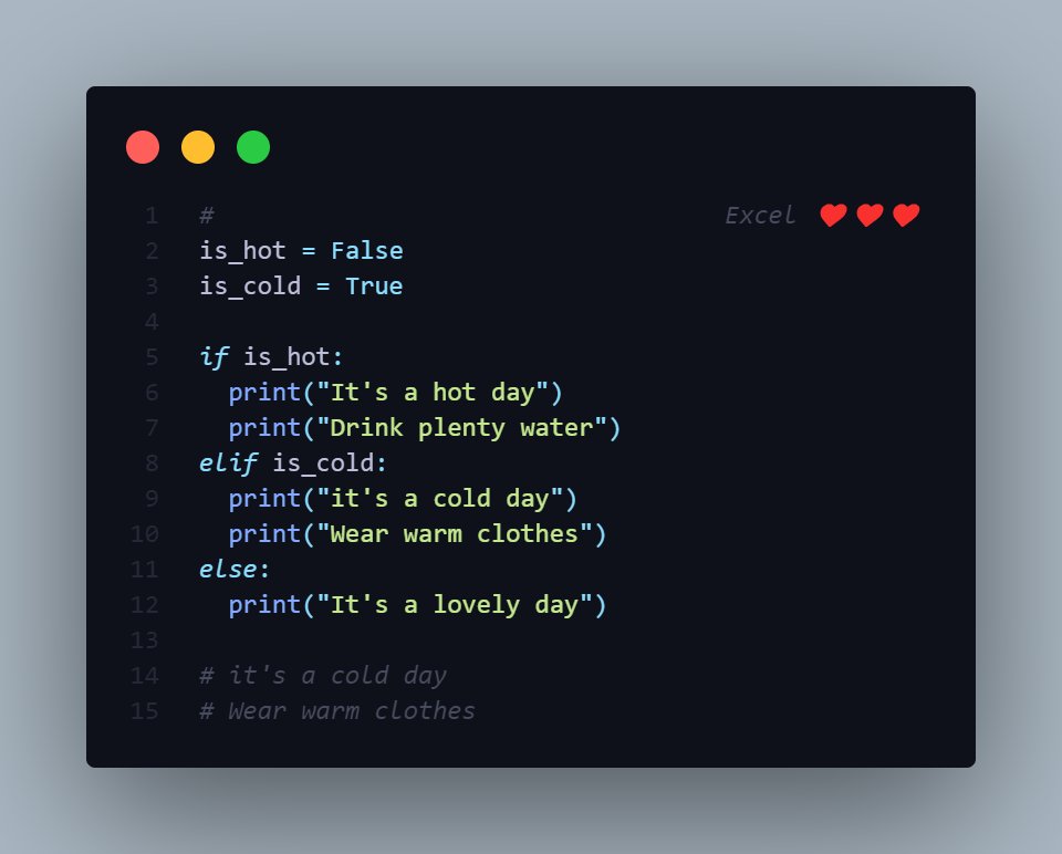 excel_bill's tweet image. Day 5 of #100DaysOfCode
Python ๐
Today I learnt about conditional statements and logical operators, and finally got a taste of what I've been longing for.
The syntax difference between Python and JavaScript is kinda weird and completely caught me off guard ๐๐
I also gotโฆ