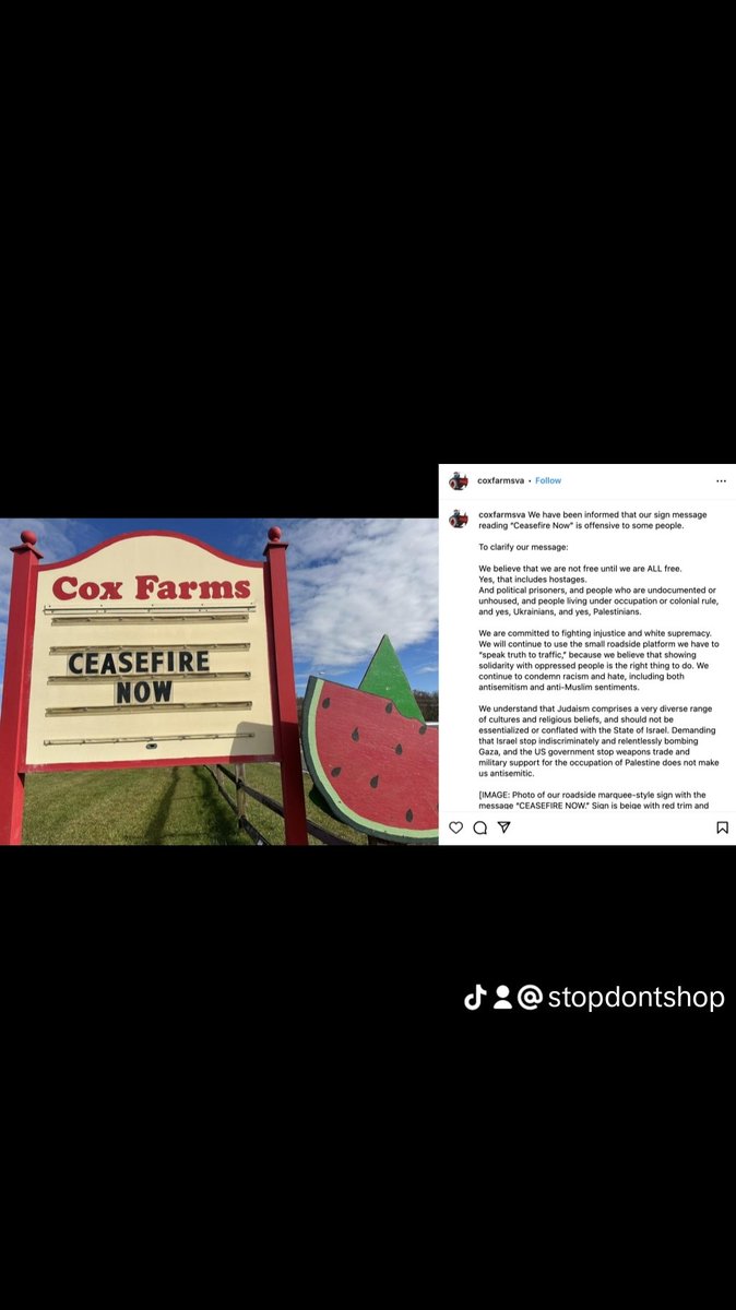 Cox Farms

The family-owned farm located in Centreville showcased “Ceasefire Now” on their roadside marquee, next to a watermelon which has become a symbol of the Pro-Palestinian movement.