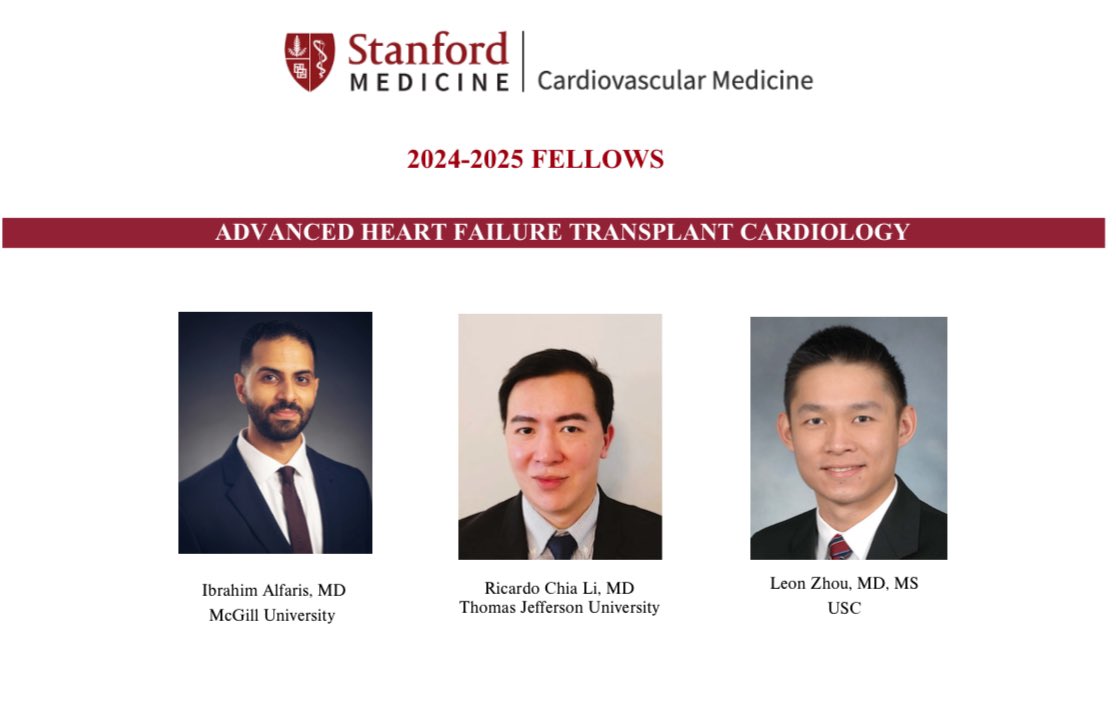 Excited to welcome Ibrahim Alfaris, Ricardo Chia Li, and Leon Zhou to @Stanford_HF as our incoming AHFTC fellows for 2024-25! Looking forward to a fantastic year. @JeffTeuteberg @EldrinL @StanCVFellows @Erik_Henricksen @StanfordDeptMed
