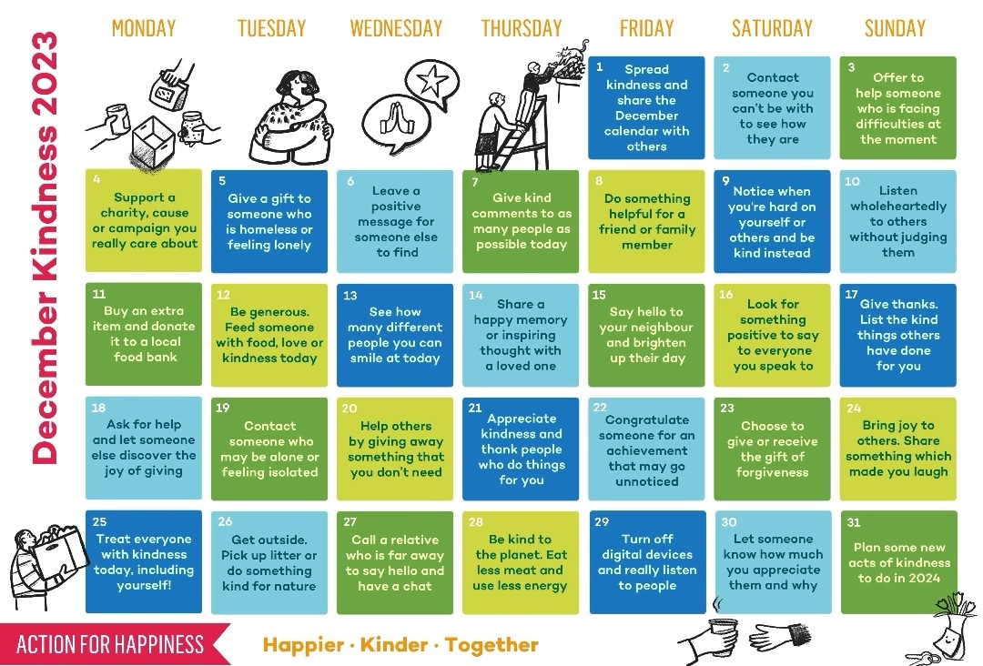 🌟 Embrace the season's warmth with our December Calendar of Kindness, Happiness, and Togetherness. Each day is a new chance to spread joy and connect with others. Let's make the end of the year meaningful and carry this spirit forward! 🤗

#happiness #adventcalendar #mindfulness