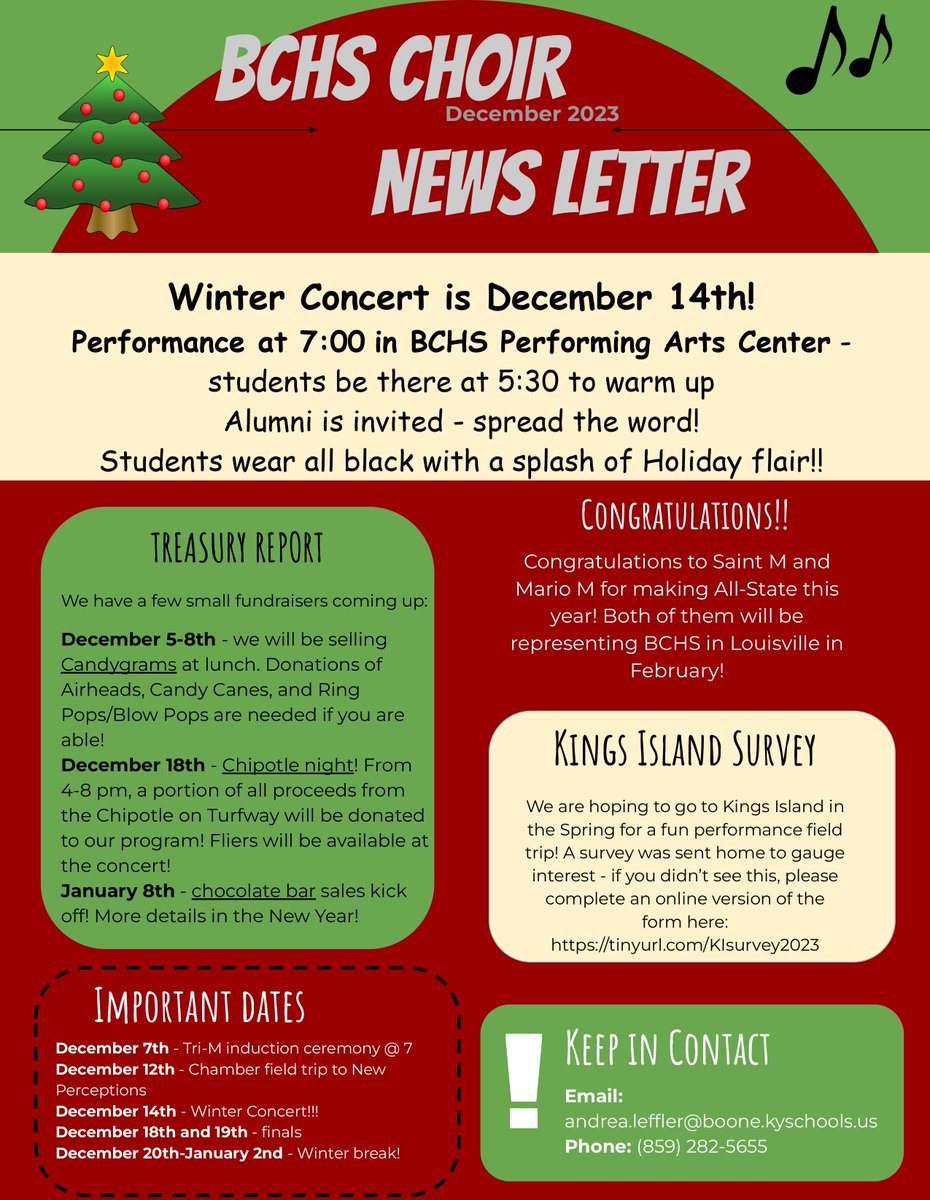 BCHS_Choirs's tweet image. December newsletter is here! Remember, our Winter Concert is Thursday, December 14th at 7:00! Students be there to warm up at 5:30 and wear all black with a splash of Christmas/Winter flair!