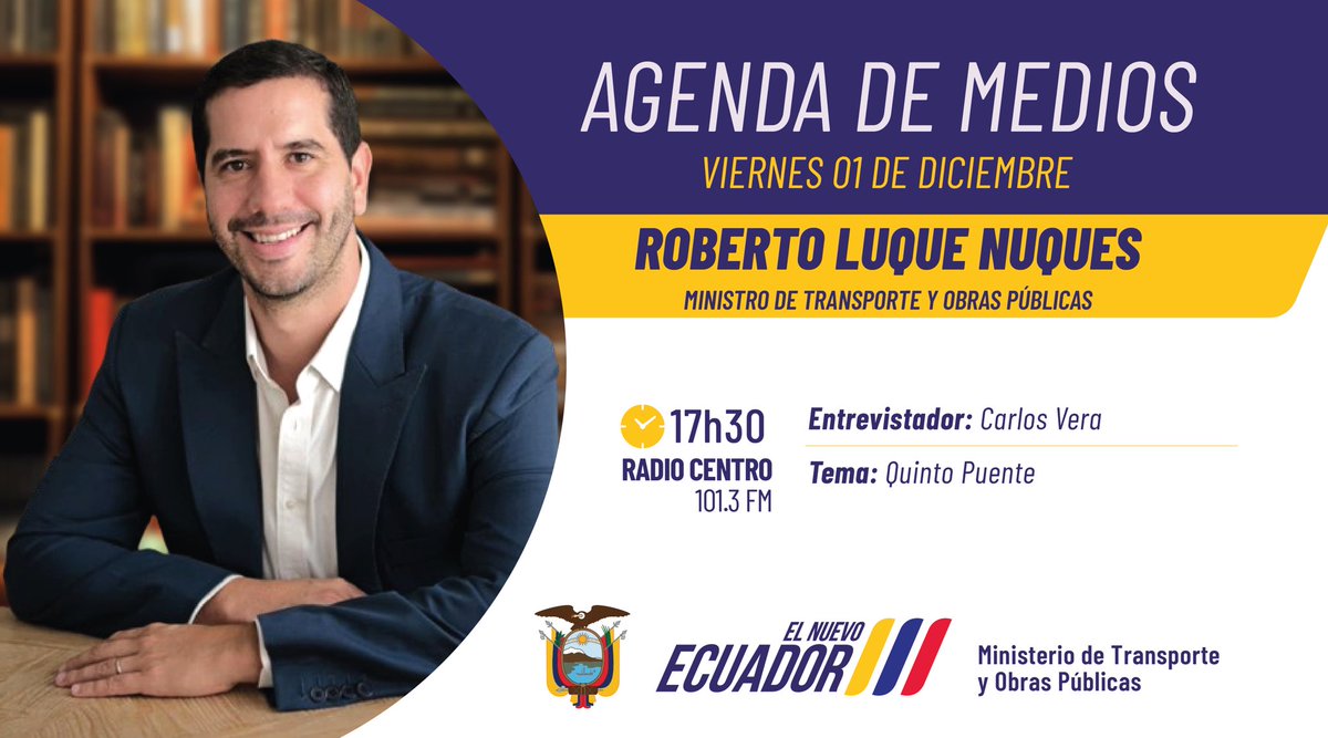 #EnMedios | Hoy no te pierdas la entrevista al ministro <a href="/RobertoLuqueN/">Roberto Luque</a>, conversará con <a href="/CarlosVerareal/">Carlos Vera</a> sobre el proyecto del Quinto Puente. 

📻 <a href="/radiocentroec/">CENTRO Digital</a> 
⏰ 17h30
🛑 En vivo: youtube.com/@radiocentroec…