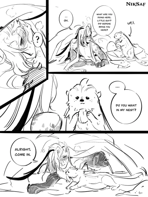 #Neuvillette #wriolette 
4/4
Meanwhile…
Sketchy extra, where Sedene brought Neuvi a little companion, activating his sudden mother instinct lmao
Neuvi spends his heats in the sea sometimes, and weirdly otters have a very relieving effect on him, easing pain 