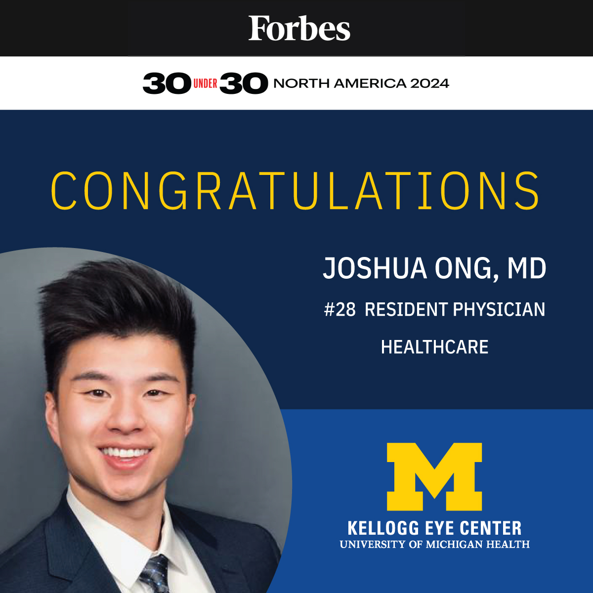 📢 Congratulations Joshua Ong, MD! One of our very own, has been featured in @Forbes 2024 30 Under 30 Healthcare list! 🌟 Learn more about Joshua's journey to protect astronaut health here🔗 forbes.com/profile/joshua… #Forbes30Under30 #InnovatorsInHealthcare