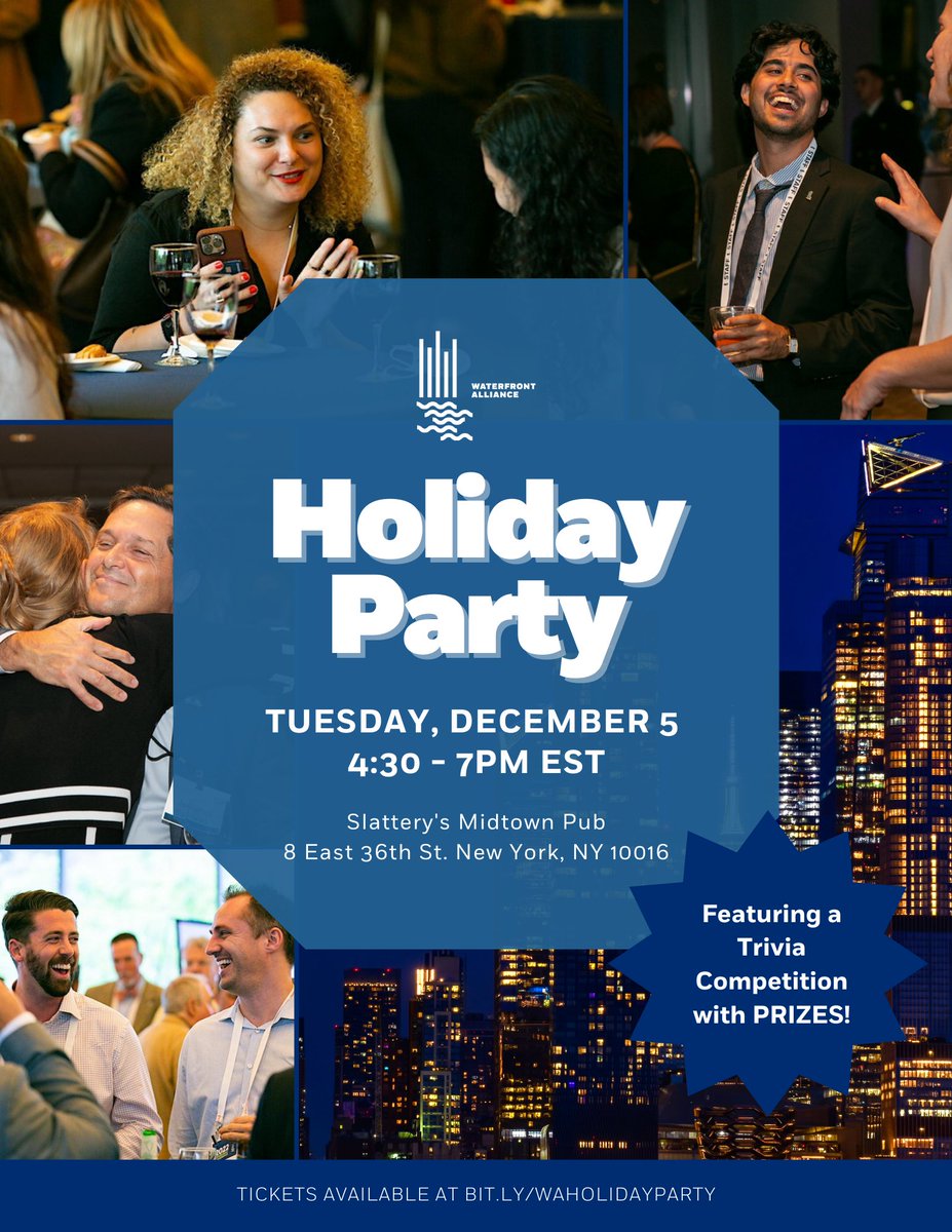 Calling all trivia enthusiasts! The Waterfront Alliance holiday party will feature a special edition of maritime/NYC themed trivia with prizes, hosted by @TriviaAD. Join us Tuesday Dec. 5 from 4:30pm-7pm at Slattery’s Midtown Pub! Only $7 a ticket: bit.ly/WAholidayparty
