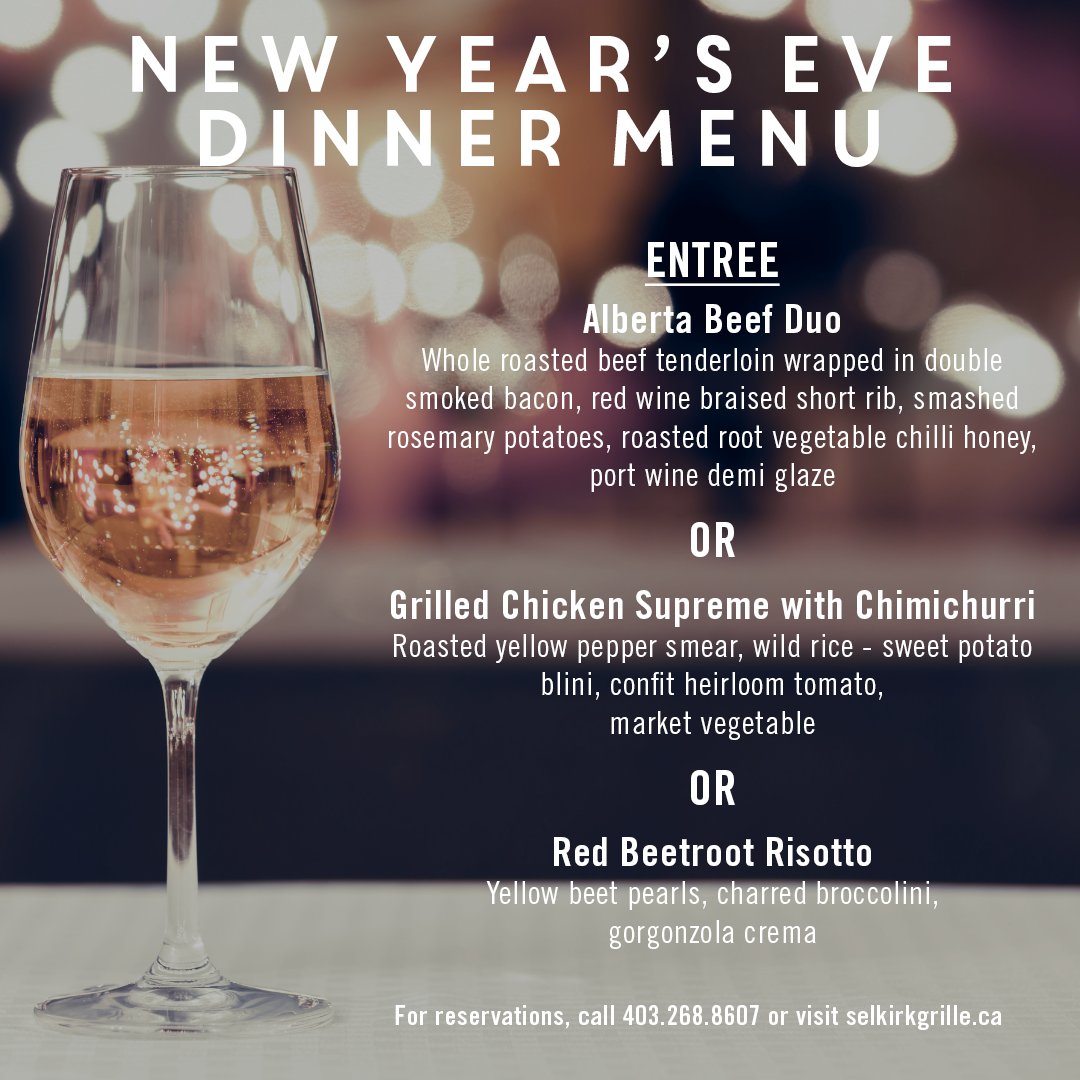 SelkirkGrille's tweet photo. Ring in the new year with a gourmet meal!
Our chefs have put together an incredible menu for our upcoming New Year’s Eve Dinner.
Check out the entire menu and make your reservation by calling 403.268.8607
https://t.co/v1mYphPyWB
#theselkirkyyc https://t.co/jUGpzFdD6S