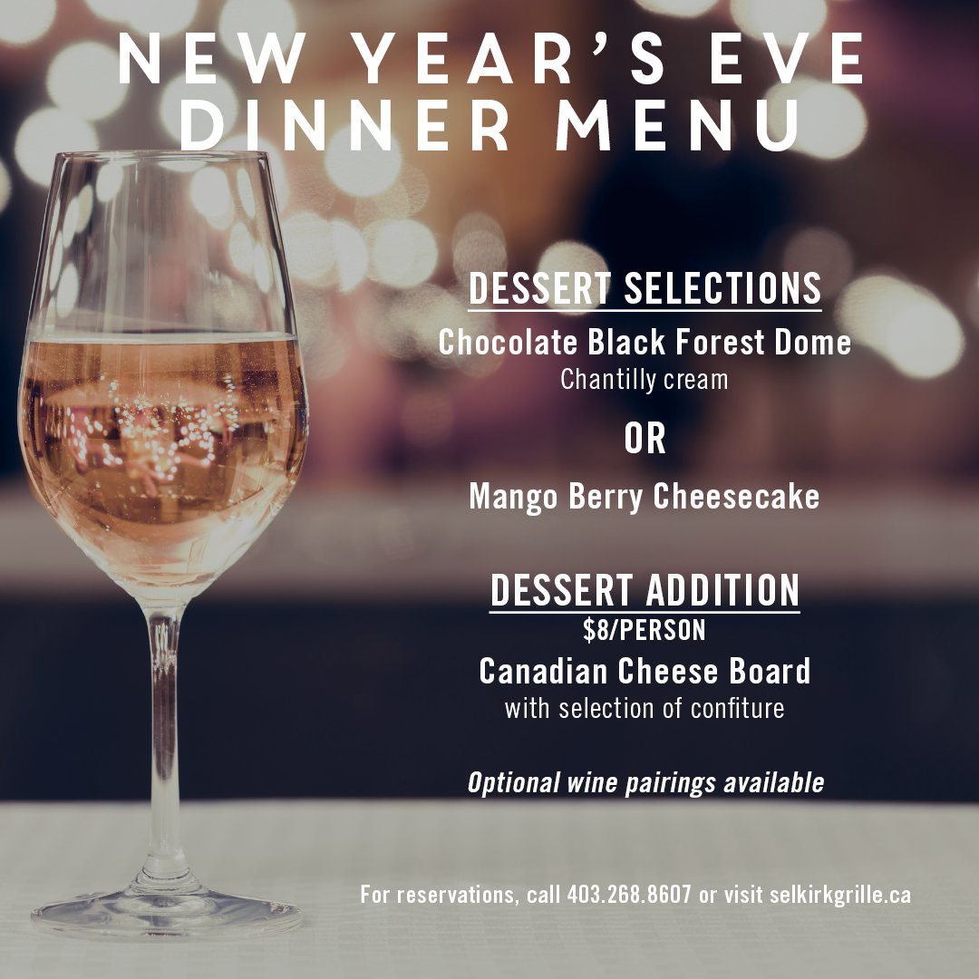 SelkirkGrille's tweet photo. Ring in the new year with a gourmet meal!
Our chefs have put together an incredible menu for our upcoming New Year’s Eve Dinner.
Check out the entire menu and make your reservation by calling 403.268.8607
https://t.co/v1mYphPyWB
#theselkirkyyc https://t.co/jUGpzFdD6S