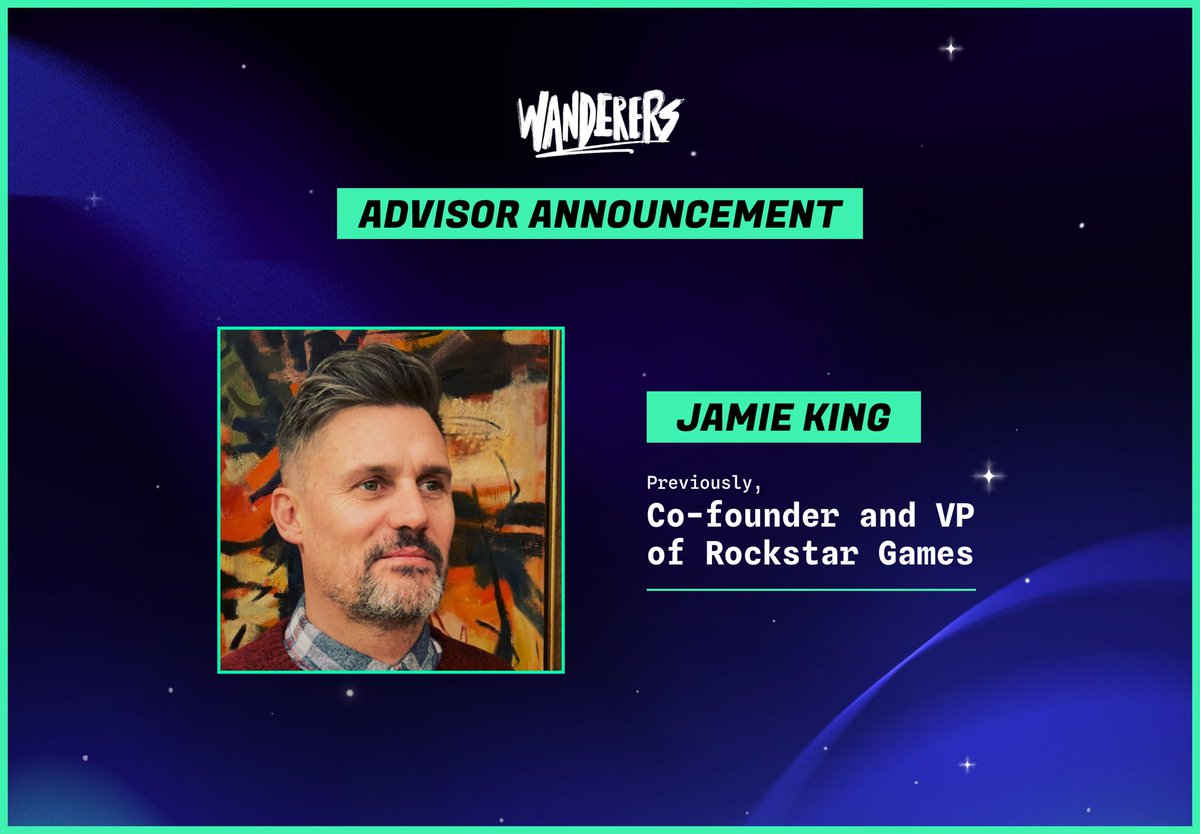 Wanderers's tweet photo. If you like the GTA 6 news, you’ll love this:

We are thrilled to announce industry badass Jamie King (@jk4milli) to the Wanderers advisory board.

You might know Jamie as Co-founder / VP of Rockstar Games (but we know Jamie as the guy who hogged the Wanderers game all night at our @opensea event).

Please give Jamie a warm Wanderers welcome.