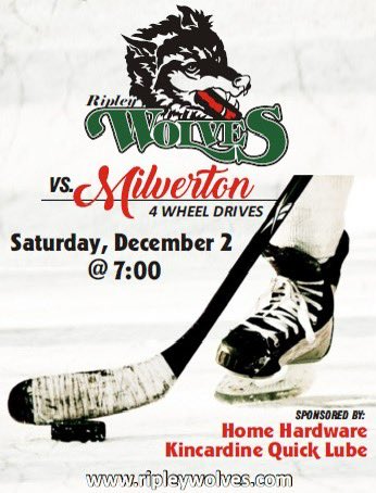 The Wolves look win their fifth straight on Saturday at home vs <a href="/MilvertonDrives/">Milverton 4 Wheel Drives</a>. Puck drops at 7 pm.

Thanks to our sponsors Kincardine Home Hardware and Kincardine Quick Lube.