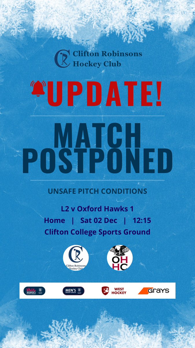 Clifton Robinsons HC (@cliftonrobbies) on Twitter photo All Ladies’ fixtures now cancelled with our L2s v <a href="/OxfordHawks/">Oxford Hawks Hockey</a> in the <a href="/EnglandHockey/">England Hockey</a> Vitality Women’s West Conference being the last to fall foul of the weather!
Lots of fixtures to rearrange! We wait to see the status of the remaining Men’s fixtures!
<a href="/swsportsnews/">South West Sports News</a>
#EHLWest All Ladies’ fixtures now cancelled with our L2s v <a href="/OxfordHawks/">Oxford Hawks Hockey</a> in the <a href="/EnglandHockey/">England Hockey</a> Vitality Women’s West Conference being the last to fall foul of the weather!
Lots of fixtures to rearrange! We wait to see the status of the remaining Men’s fixtures!
<a href="/swsportsnews/">South West Sports News</a>
#EHLWest