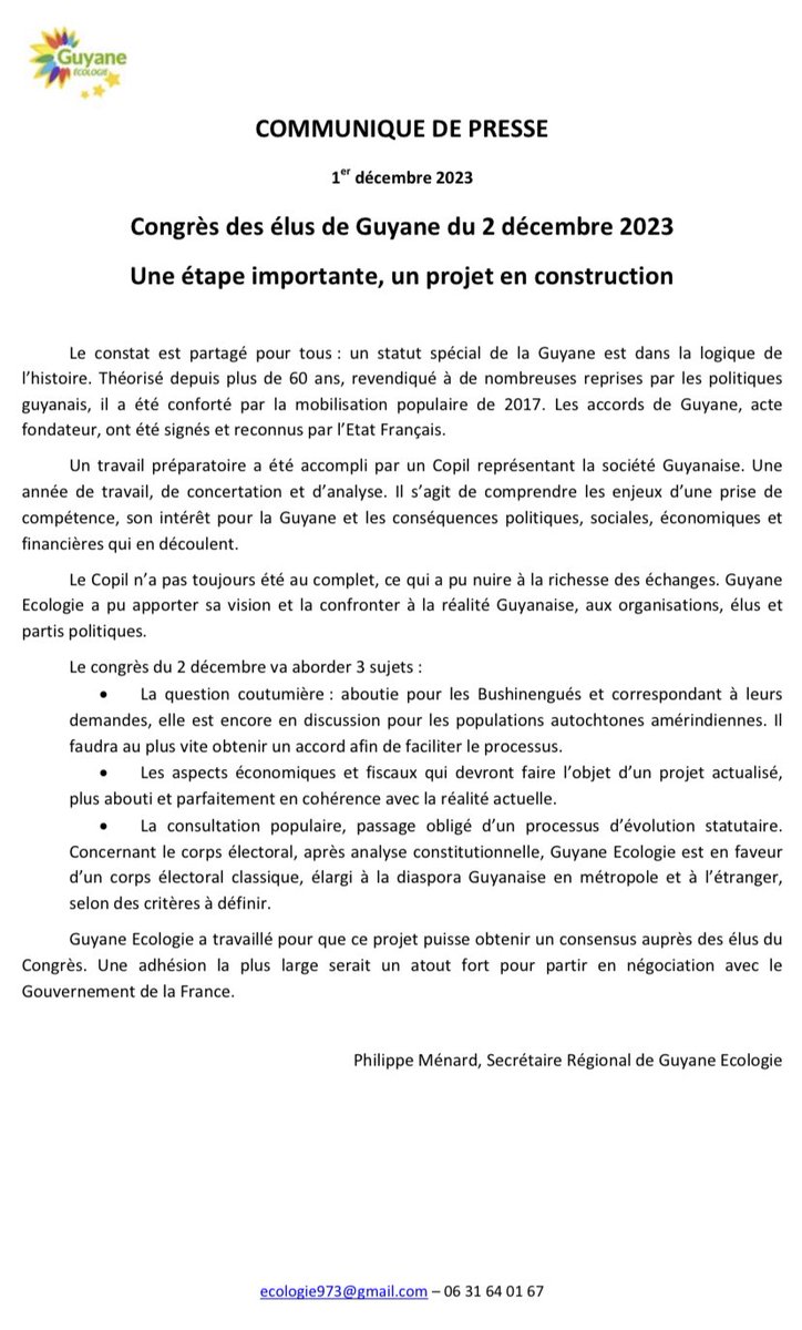 Guyane Écologie a participé au Copil pour l’évolution statutaire de la Guyane. Voici notre communiqué à propos du Congrès des Élus du 2 décembre 2023