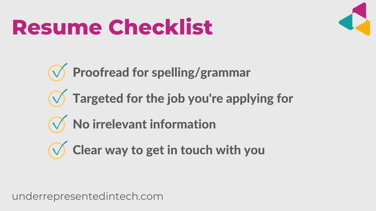 UnderRepdInTech's tweet image. Getting your resume together for a new job? Make sure that your resume checks these four important boxes before you start sending it out!