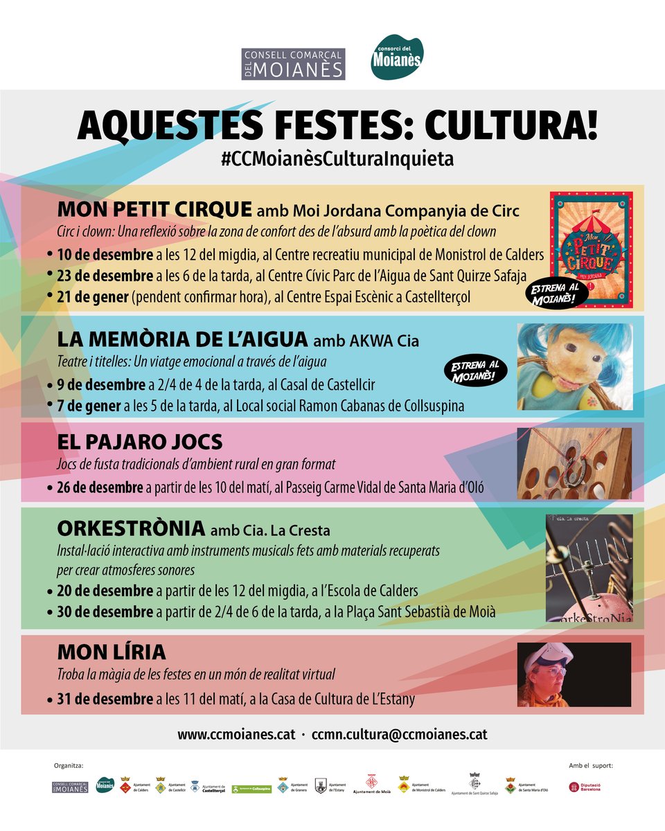 comarcamoianes's tweet photo. 🔺Aquestes festes: Cultura! #CCMoianèsCulturaInquieta-Fomentem la Cultura Comarcal:
🔵#9des -La Memòria de l'Aigua, AKWA Cia. a @AjCastellcir
🟡#10des -Mon Petit Cirque, Moi Jordana Cia. de Circ a @ViuMonistrol

Consulta tota la programació, i gaudeix de la cultura al #Moianès! https://t.co/c6j2tttInu