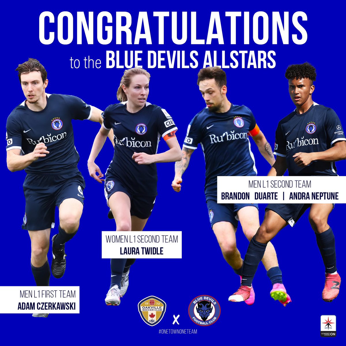 LEAGUE ONE ALL-STARS⭐️
Congratulations to Adam, Laura, Brandon and Andra! Your handwork and dedication to our club has not gone unnoticed. Well deserved!

Want to be part of the next generation of great footballers? Join BDFC today! 

bluedevils.ca